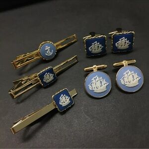 WEDGWOOD Gold Tone Tie Pin Clip Cufflinks Set of 5